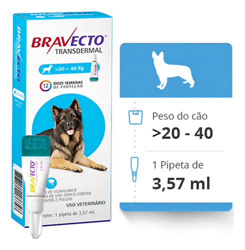 Bravecto Transdermal Cão Cães Cachorros Anti pulga E Carrapatos De 20 A 40kg - Imagem 3