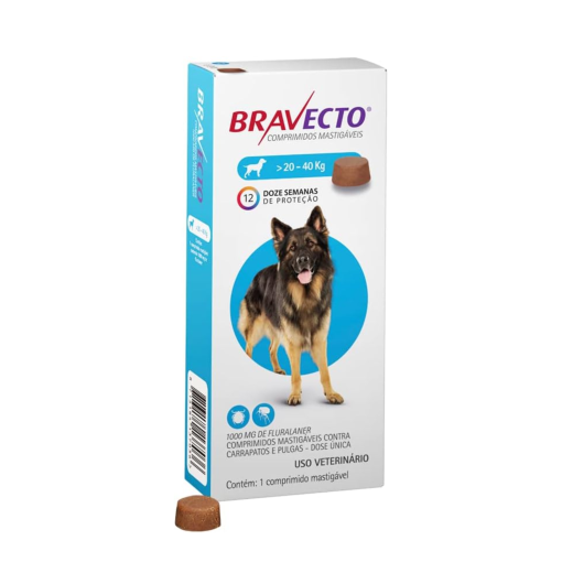 Bravecto 20 A 40 Kg Antipulgas Cães Cachorro Cão 1000mg