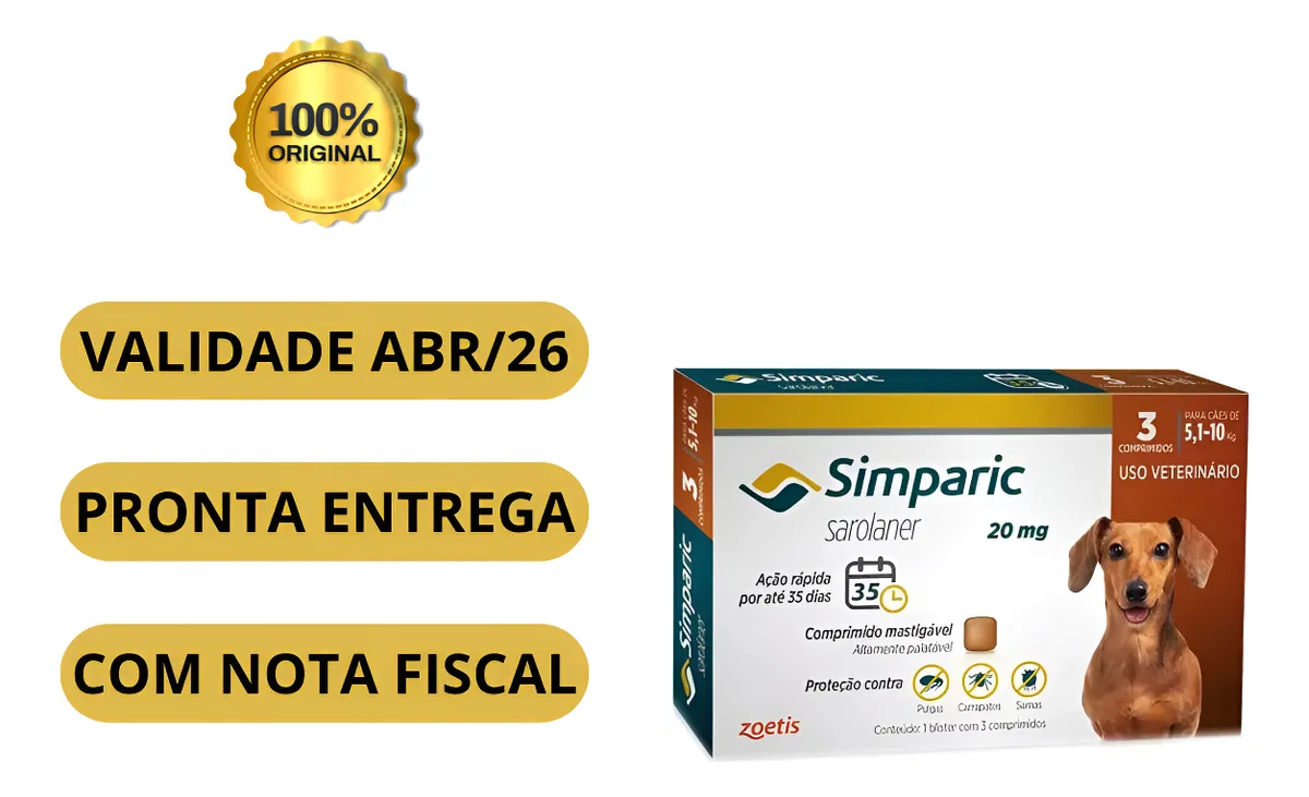 Simparic Antipulgas Carrapatos E Sarnas Para Cão 20mg 3 Cp Marrom - Imagem 3
