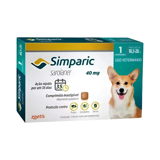Simparic Antipulgas Carrapatos 40mg Cães Cão 10 Á 20 Kg 1 Cp Bege
