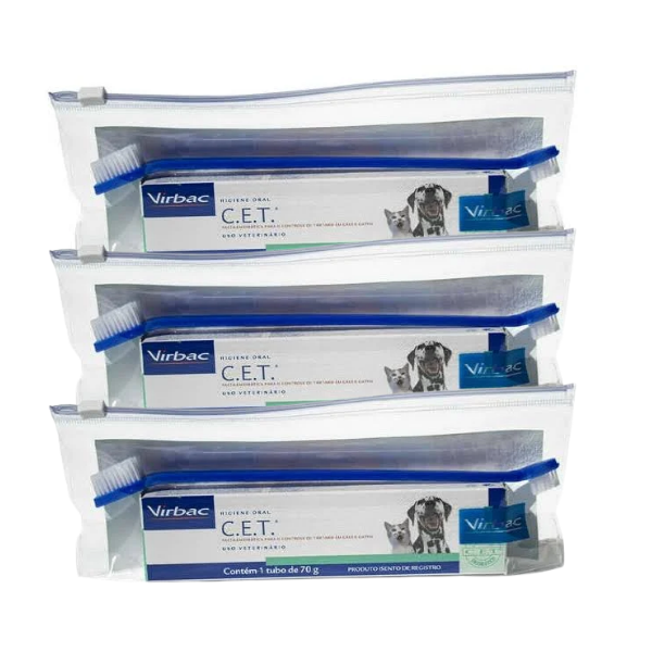 Kit 3 Virbac Pasta Dental Enzimática Cães Gatos 70g Com Escova