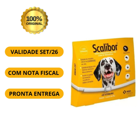 Arte promocional em fundo branco com destaque para a embalagem da coleira Scalibor para cães de porte grande. À esquerda, aparecem informações em botões amarelos: “Validade SET/26”, “Com nota fiscal” e “Pronta entrega”. No topo, há um selo dourado escrito “100% original”.
