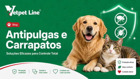 Arte de blog da Vetpet Line em tons de verde sobre “Antipulgas e Carrapatos: Soluções Eficazes para Controle Total”. À direita, aparecem um cachorro golden retriever e um gato, com ícones de proteção contra pulgas e carrapatos. A imagem destaca proteção confiável, saúde, bem-estar e cuidado diário.