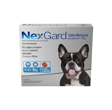 Foto da embalagem do produto NexGard para cães de 4,1 a 10 kg. A caixa tem fundo branco e cinza, com o nome do produto em azul e a imagem de um cachorro preto e branco na parte frontal.