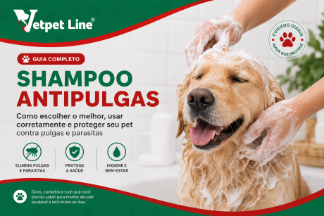Arte da Vetpet Line sobre shampoo antipulgas. Mostra um cachorro dourado tomando banho com espuma, enquanto o texto destaca cuidados para eliminar pulgas e parasitas, proteger a saúde e promover higiene e bem-estar.