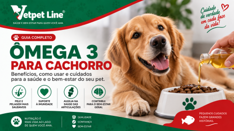 Arte da Vetpet Line sobre ômega 3 para cachorros. A imagem mostra um cachorro dourado deitado ao lado de um pote de ração, enquanto uma pessoa adiciona óleo à comida. O texto destaca benefícios do ômega 3, como pele e pelagem mais saudáveis, suporte à imunidade, auxílio à saúde das articulações e contribuição para o bem-estar geral do pet.