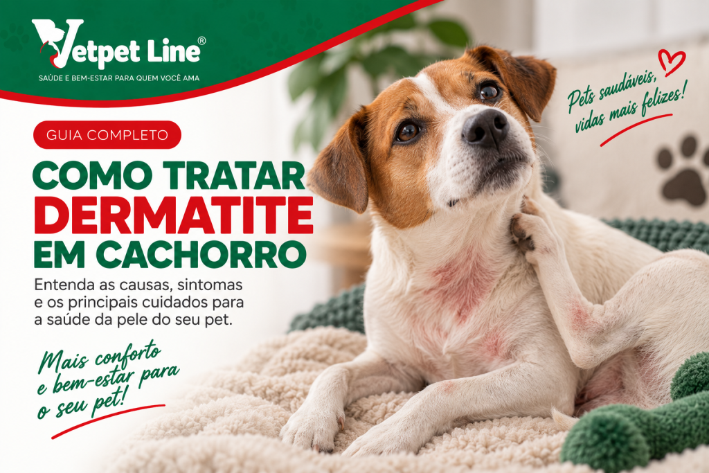 Arte da Vetpet Line sobre dermatite em cachorros. A imagem mostra um cachorro de pelagem branca e marrom sentado sobre uma cama, coçando uma região avermelhada da pele com a pata traseira. À esquerda, o texto apresenta um guia sobre como tratar dermatite em cachorro, abordando causas, sintomas e cuidados para manter a saúde e o bem-estar da pele do pet.