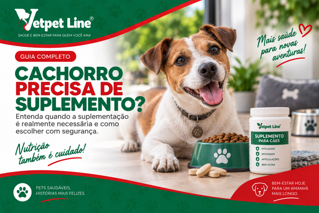 Arte da Vetpet Line sobre suplementação para cães. A imagem mostra um cachorro marrom e branco sentado ao lado de um pote de ração, um frasco de suplemento para cães e comprimidos. O texto destaca quando a suplementação pode ser necessária e como escolher uma opção com segurança, ressaltando benefícios relacionados à vitalidade, imunidade, articulações e bem-estar.