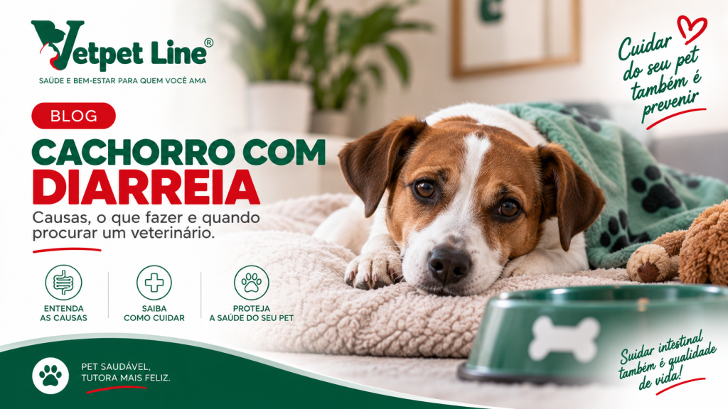 Arte da Vetpet Line sobre cachorro com diarreia. A imagem mostra um cachorro marrom e branco deitado sobre uma cama, com expressão abatida, ao lado de um pote de água ou comida e brinquedos. O texto apresenta as principais causas da diarreia, orientações sobre como cuidar do pet e quando procurar um veterinário, destacando a importância da saúde intestinal e do bem-estar do animal.