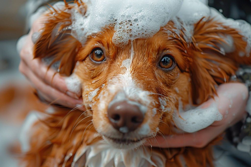 Close-up de um cachorro de pelo marrom sendo lavado com espuma, com as mãos de uma pessoa aplicando o shampoo sobre sua cabeça e pelagem.